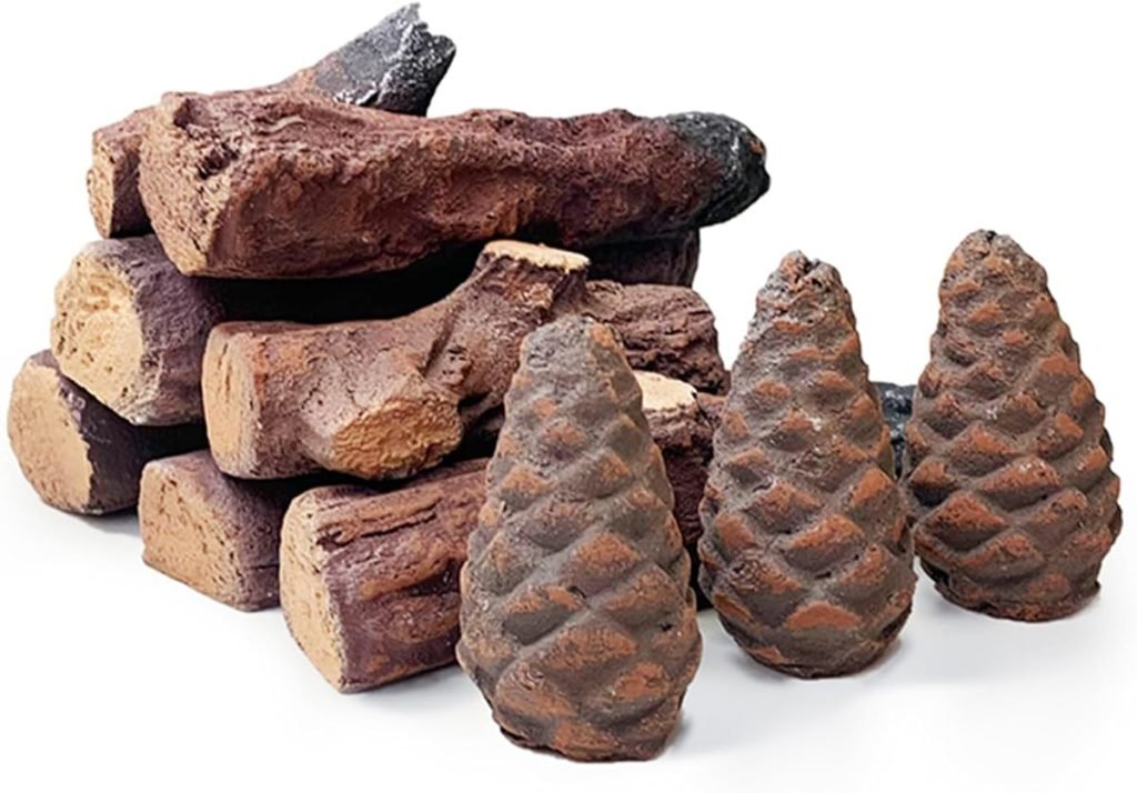 Troncos de chimenea de gas, 10 troncos pequeños, juego de leña cerámica decorativa para interiores y exteriores, ventilados, sin ventilación, eléctric