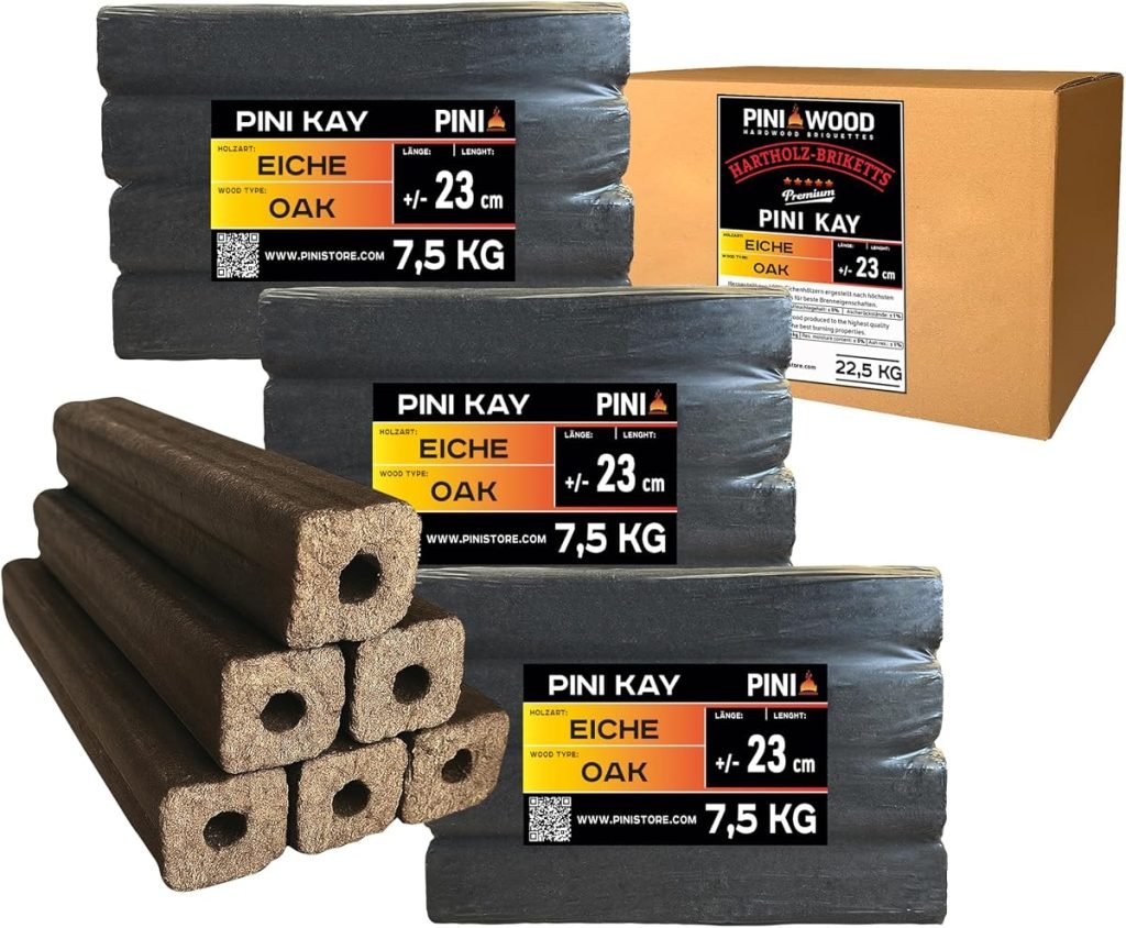 PINI Kay Briquetas de madera de roble, 23 cm de largo, cuadradas con agujero de tracción, 22,5 kg, briquetas de madera dura, briquetas de madera de ro