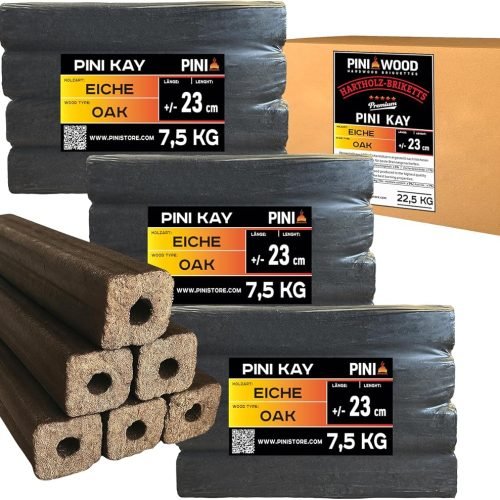 PINI Kay Briquetas de madera de roble, 23 cm de largo, cuadradas con agujero de tracción, 22,5 kg, briquetas de madera dura, briquetas de madera de ro