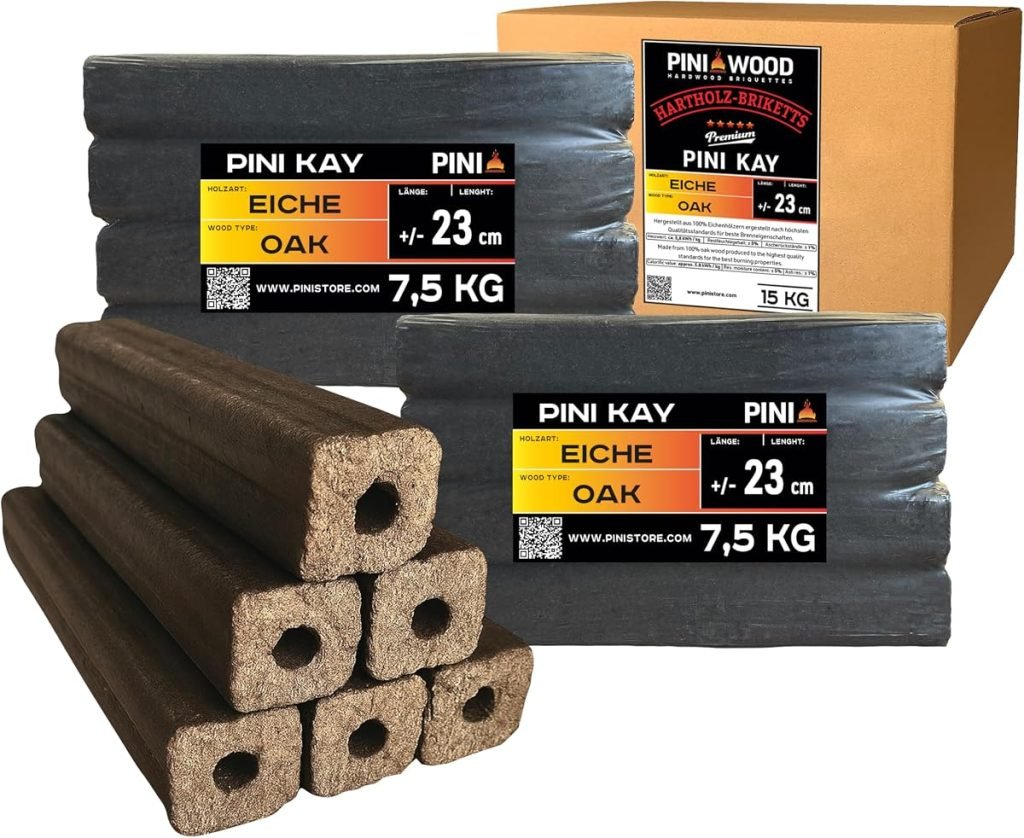 PINI Kay Briquets de roble de 23 cm de largo cuadrados con orificio de extracción 15 kg Briquets de madera dura Leña de roble para chimenea, estufa, f