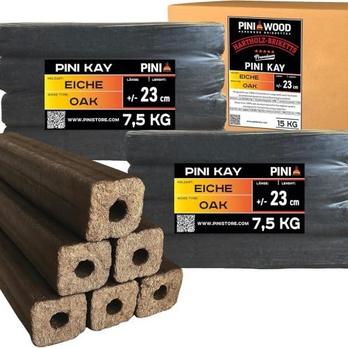 PINI Kay Briquets de roble de 23 cm de largo cuadrados con orificio de extracción 15 kg Briquets de madera dura Leña de roble para chimenea, estufa, f