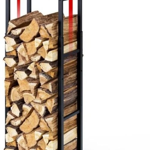 VOUNOT® Soporte de Madera Vertical de Metal Ajustable de 3 Niveles, 45 x 32 x 120-170 cm, Leñero con Estantería Integrada, Estante de Registro de Chim