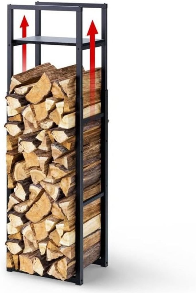 VOUNOT® Soporte de Madera Vertical de Metal Ajustable de 3 Niveles, 45 x 32 x 120-170 cm, Leñero con Estantería Integrada, Estante de Registro de Chim