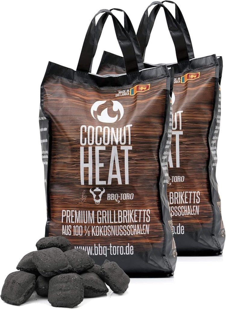 BBQ-Toro Briquetas para Barbacoa Premium Coconut Heat | 100% Cáscara de Coco para Asados de Larga Cocción | 20 Kg | Carbón Vegetal | Bajo Desarrollo d