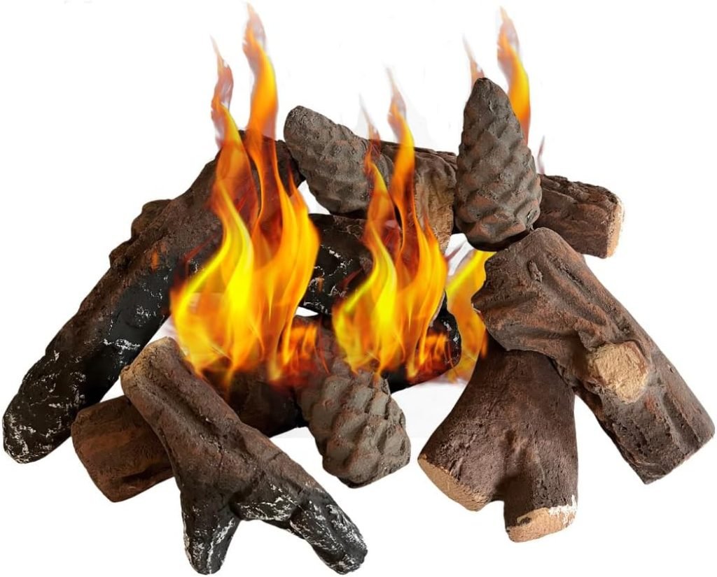 Ukiyo Leña de cerámica de 10 piezas – Madera de cerámica para chimenea de etanol y de gas, resistente al calor hasta 1000 grados, troncos decorativos