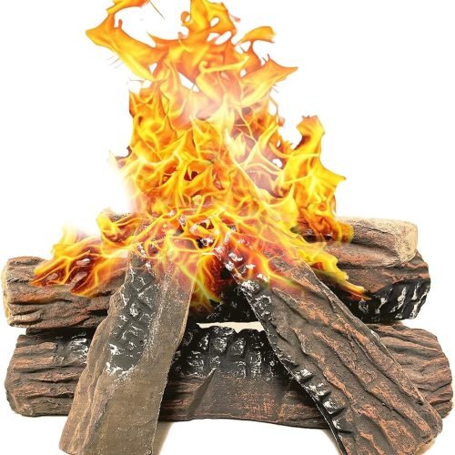 Heyfurni Troncos de chimenea de gas, 5 troncos grandes de cerámica para leña, decoración navideña para hoguera de propano, troncos realistas para chim