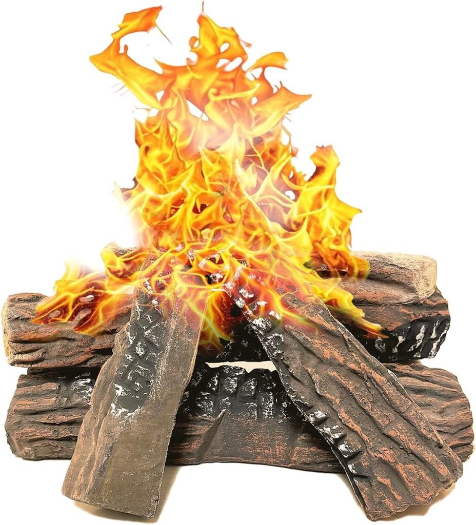 Heyfurni Troncos de chimenea de gas, 5 troncos grandes de cerámica para leña, decoración navideña para hoguera de propano, troncos realistas para chim