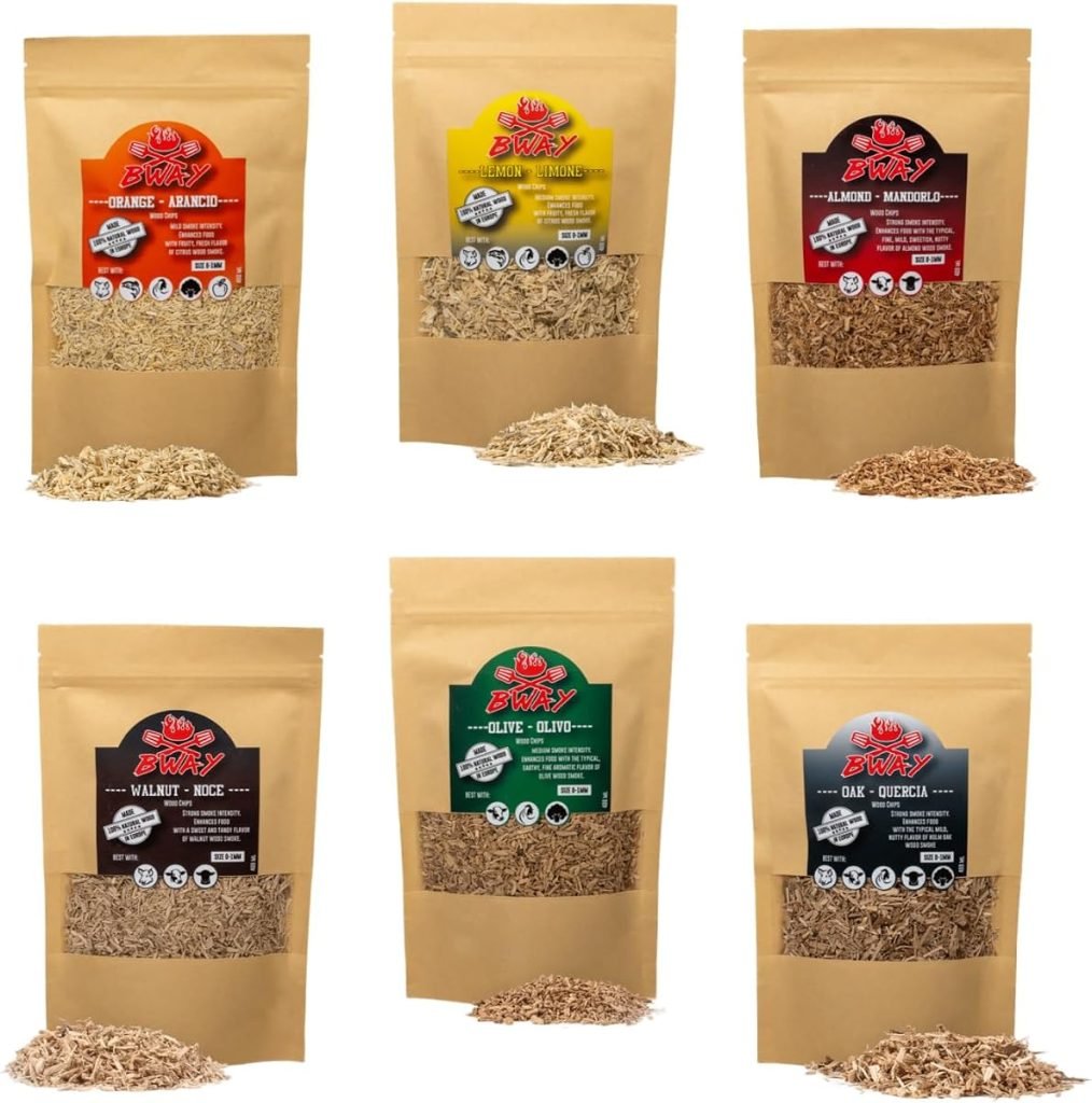 BWAY Madera para Ahumador de Alimentos Profesional - Olivo, Naranja, Almendra, Limón, Nuez y Roble (6 x 400 ml)- Ebook de Regalo con 20 Recetas - Rega