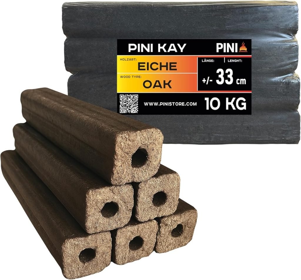 PINI Kay Briquets de roble de 33 cm de largo, cuadrados con orificio de extracción, 10 kg de briquetas de madera dura, leña, briquetas de madera, robl