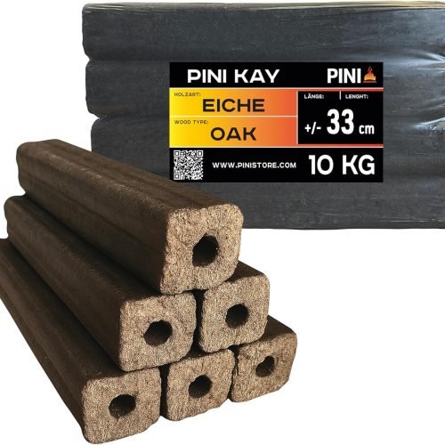 PINI Kay Briquets de roble de 33 cm de largo, cuadrados con orificio de extracción, 10 kg de briquetas de madera dura, leña, briquetas de madera, robl