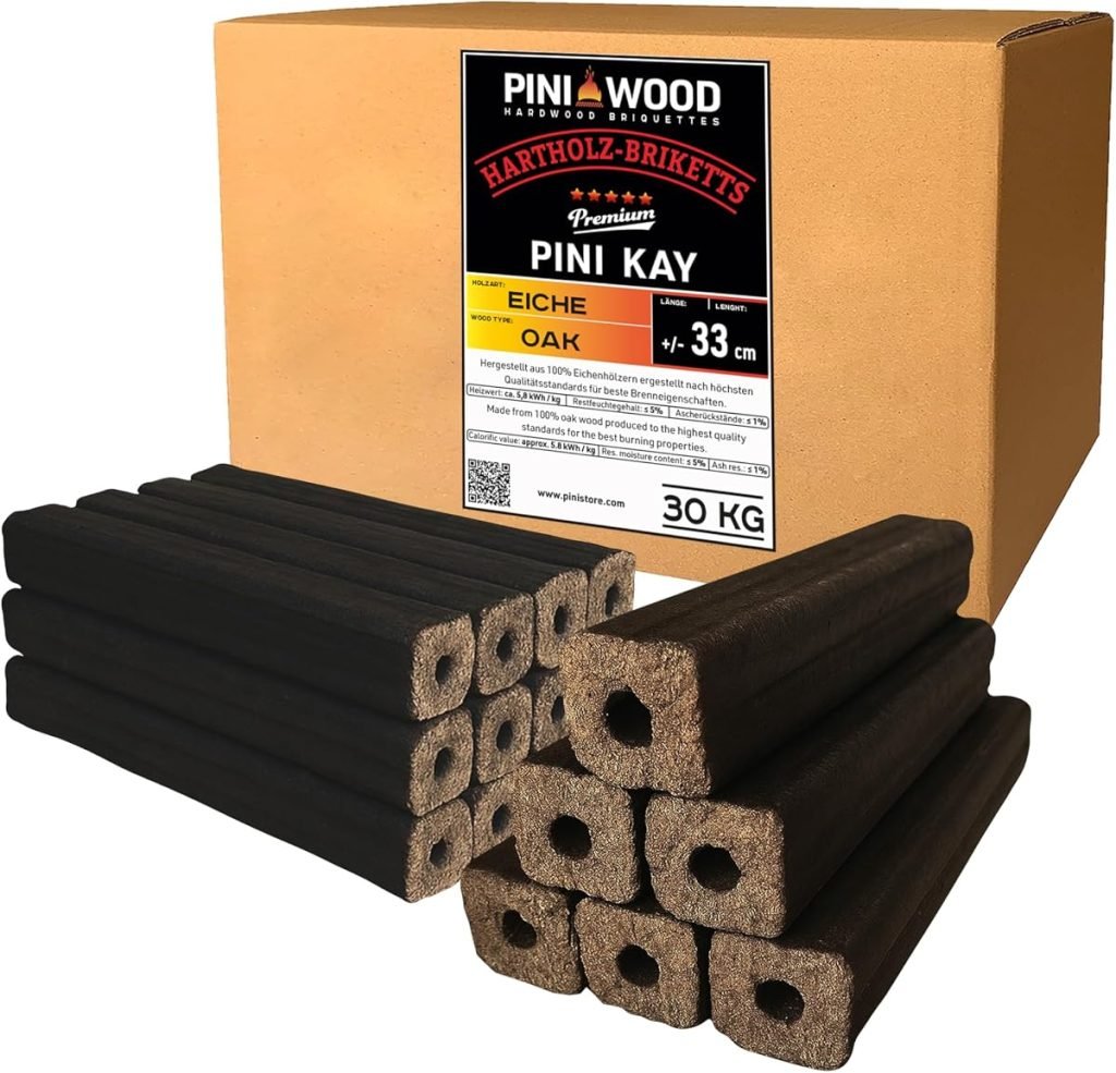 PINI Kay Briquetas de madera de roble, 33 cm de largo, cuadradas con agujero de tracción, 30 kg, briquetas de madera dura, briquetas de madera de robl