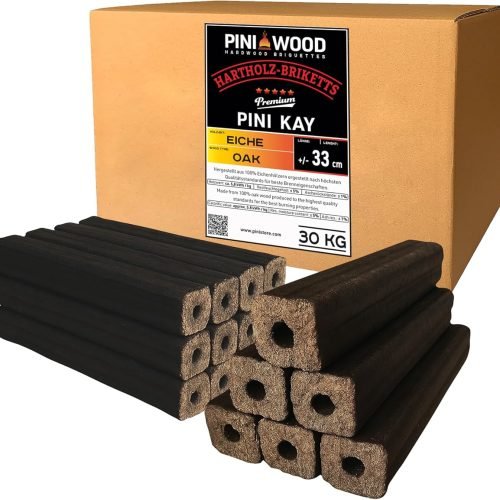 PINI Kay Briquetas de madera de roble, 33 cm de largo, cuadradas con agujero de tracción, 30 kg, briquetas de madera dura, briquetas de madera de robl