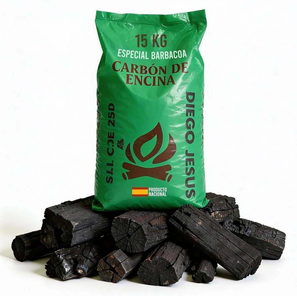 Carbón Vegetal de Encina 15 kg para Barbacoas Alto Poder Calorífico Encendido Rápido Brasas Duraderas Trozos Grandes Bajo Humo Ideal para Parrilla y A