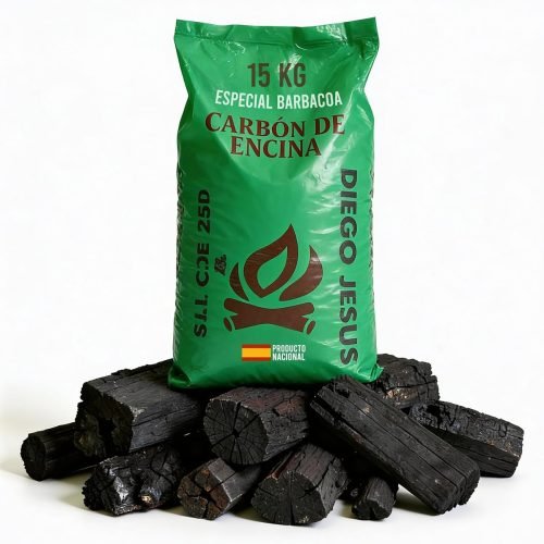 Carbón Vegetal de Encina 15 kg para Barbacoas Alto Poder Calorífico Encendido Rápido Brasas Duraderas Trozos Grandes Bajo Humo Ideal para Parrilla y A