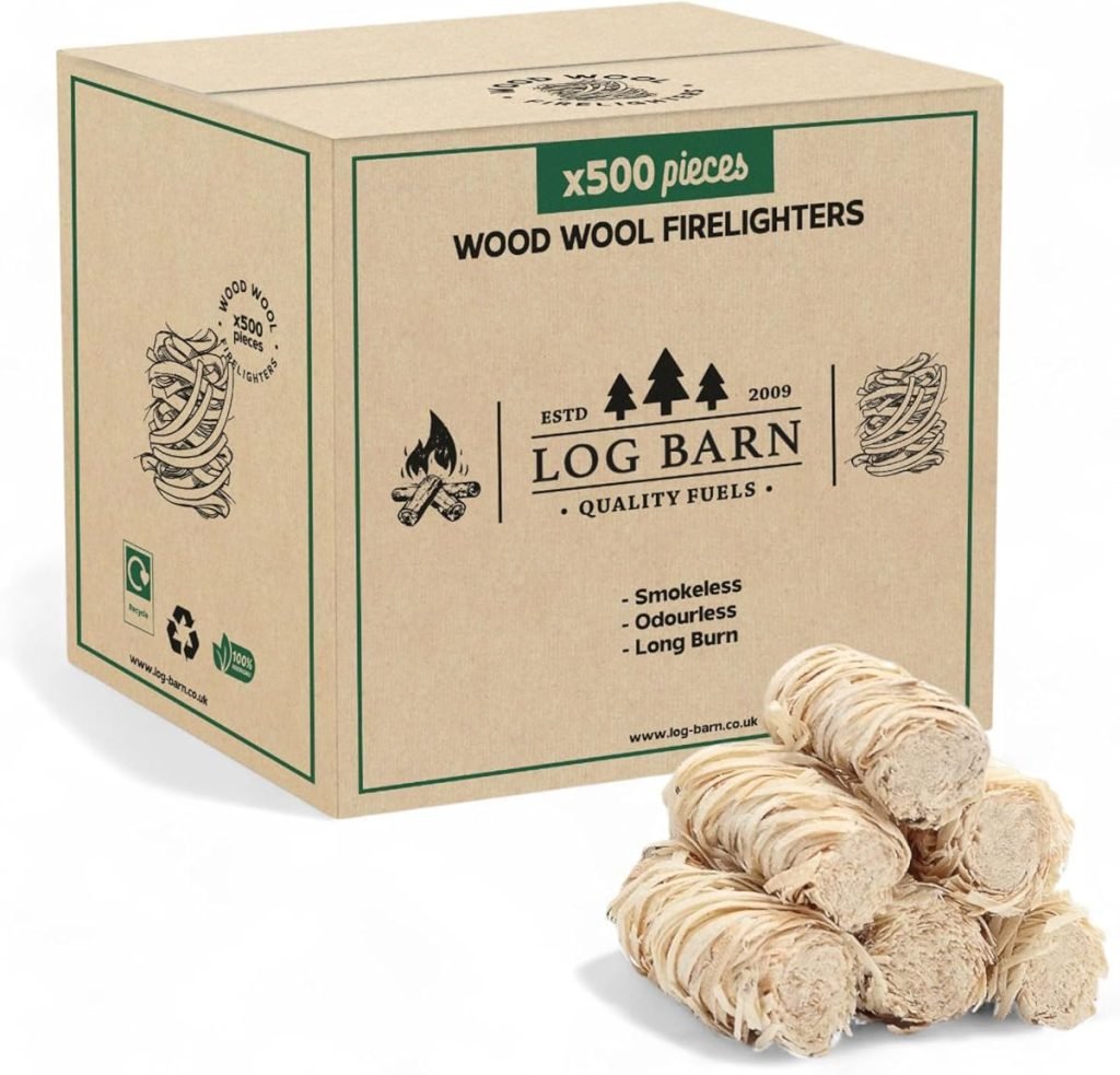 Log Barn Encendedores Naturales - Caja de 500, Pastillas de Encendido para Barbacoa, Estufas de Leña, Hornos de Pizza, Chimeneas, Lana de Madera para