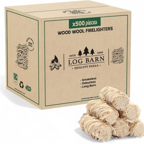 Log Barn Encendedores Naturales - Caja de 500, Pastillas de Encendido para Barbacoa, Estufas de Leña, Hornos de Pizza, Chimeneas, Lana de Madera para