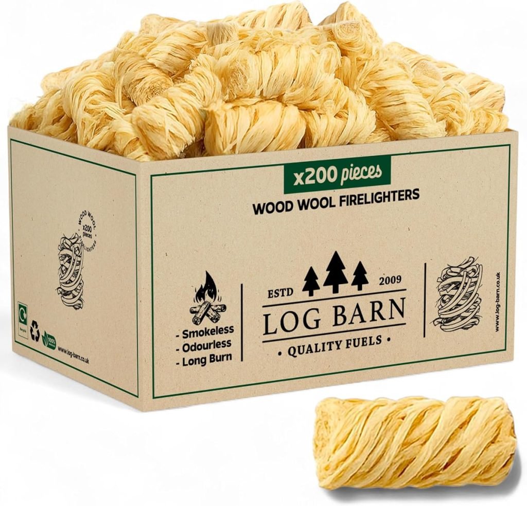 Log Barn Encendedores Naturales - Caja de 200, Pastillas de Encendido para Barbacoa, Estufas de Leña, Hornos de Pizza, Chimeneas, Lana de Madera para