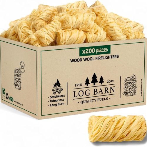 Log Barn Encendedores Naturales - Caja de 200, Pastillas de Encendido para Barbacoa, Estufas de Leña, Hornos de Pizza, Chimeneas, Lana de Madera para