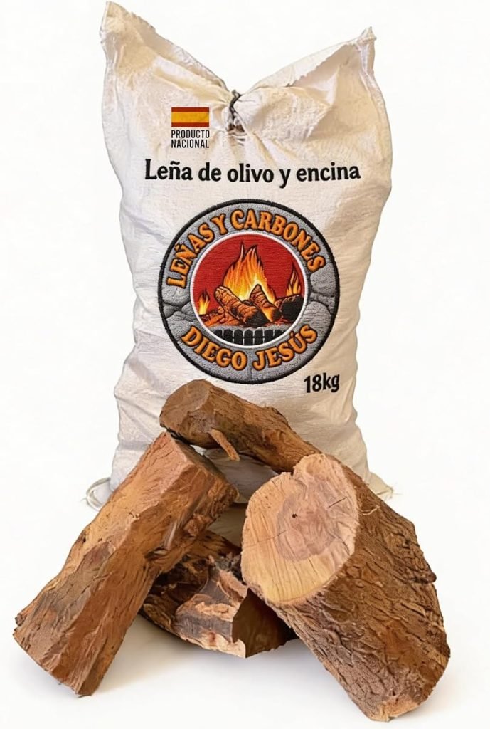 Leña de Encina y Olivo 18 kg para Chimeneas y Estufas Alta Densidad Combustión Lenta Brasas Duraderas Troncos Grandes Madera Natural para Calefacción