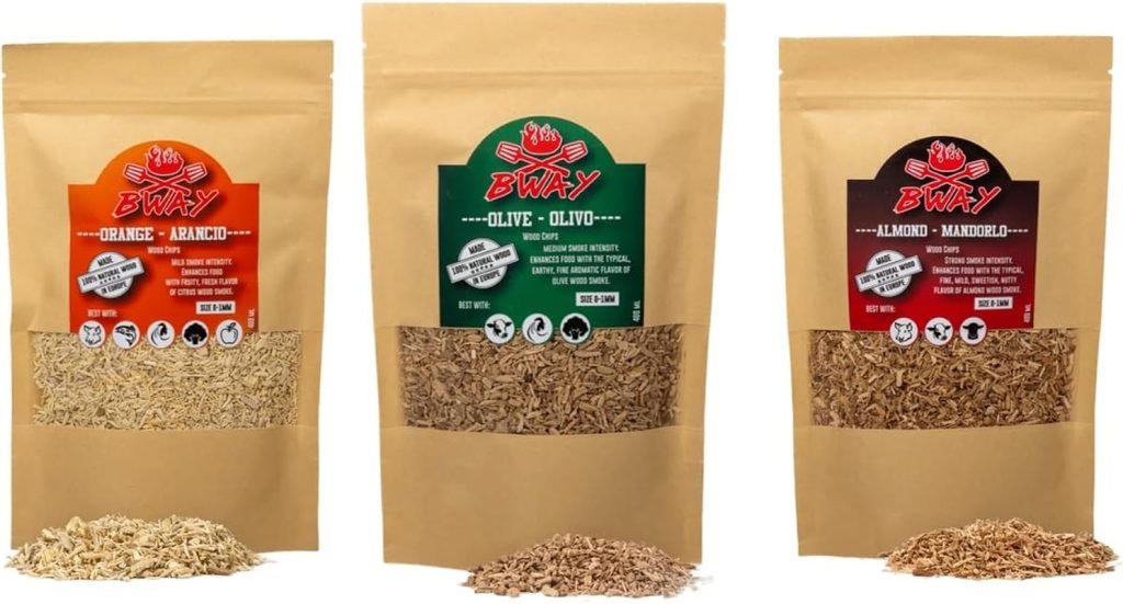 BWAY Madera para Ahumador de Alimentos Profesional - Olivo, Naranjo, Almendro (3x400 ml) - Ebook de Regalo con 20 Recetas - Regalos para Chefs - Ideal