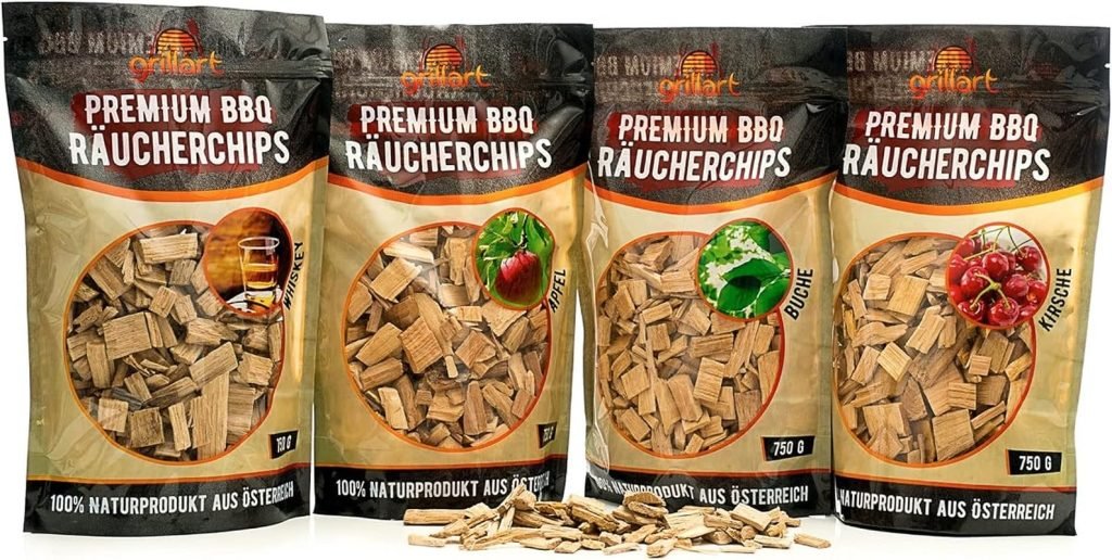 grillart Premium BBQ - Juego de 4 virutas para ahumar para barbacoa para un aroma especial de humo, madera ahumada muy activa/virutas de madera, pack