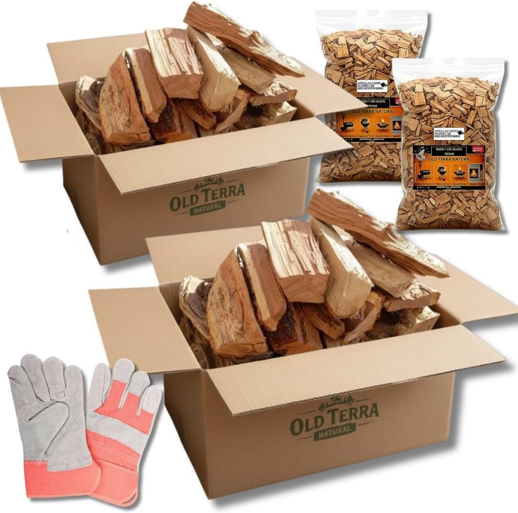 2 Cajas Kit Leña Premium 20kg para Chimenea, Barbacoa y Horno de Pizza | Troncos seleccionados, 2 Astillas de Frutal y un par de Guantes de Cuero de C