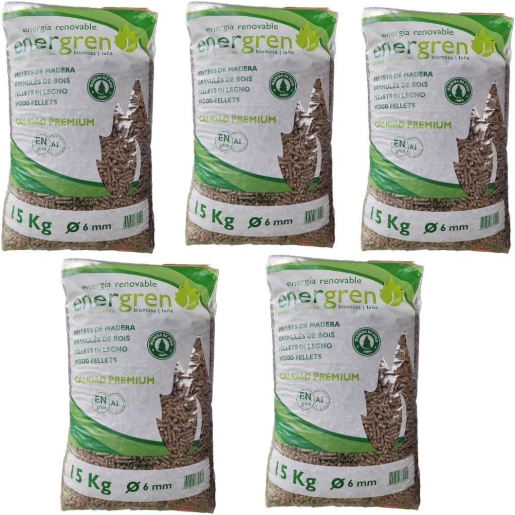 Pack 5 Unidades Saco de pellets de Madera 15kg. Certificado ENplus y Calidad A1. Ideal para chimeneas, Estufas o barbacoas. Diametro 6 mm. 100% Madera