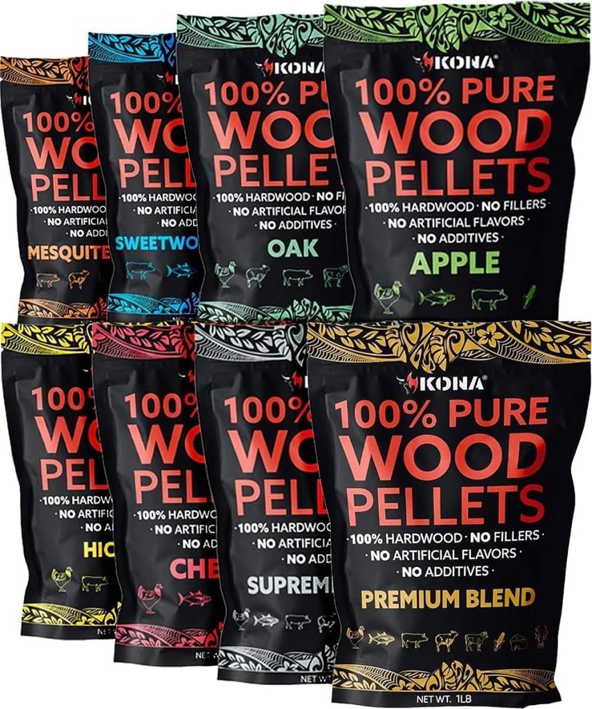 Kona Paquete variado de pellets de madera, diseñado para parrilla Ninja Woodfire al aire libre, horno de leña y ahumador, 8, bolsas resellables de 1 l