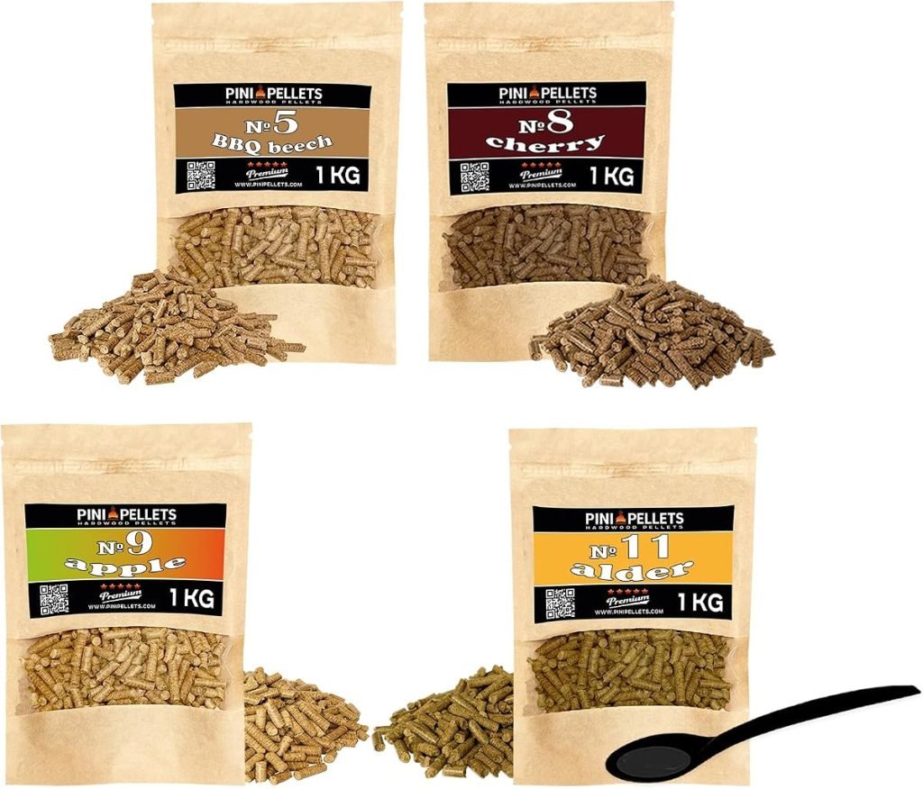 PINI Juego de pellets de madera natural, 4 unidades, 1 kg, para ahumador, selección de 4 variedades, pellets de haya nº 5, pellets de cereza nº 8, pel