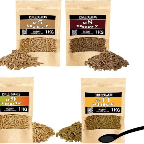 PINI Juego de pellets de madera natural, 4 unidades, 1 kg, para ahumador, selección de 4 variedades, pellets de haya nº 5, pellets de cereza nº 8, pel