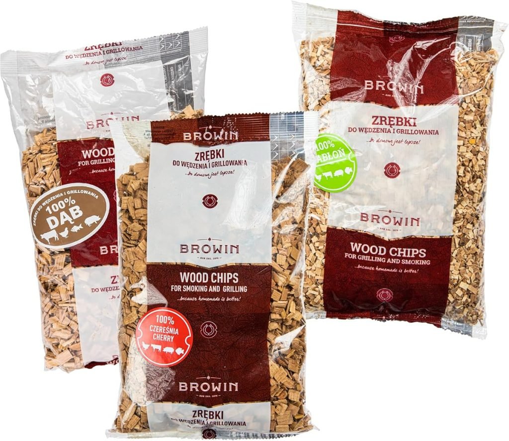 Browin 780820 - Astillas de Madera para ahumar y Asar a la Parrilla, Roble, 600 g, Cerezo, 450 g, Manzano, 450 g, Juego de virutas de Madera Natural p