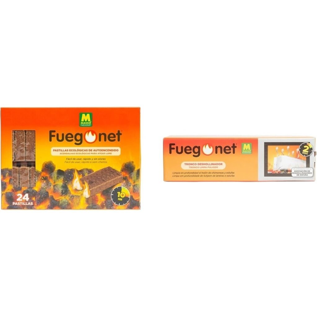 Pack Fuego: Tronco deshollinador+ 24 Pastillas ecológicas autoencendido. Ideal para chimeneas y Estufas. Sin Olor. Encendido rapido y Seguro